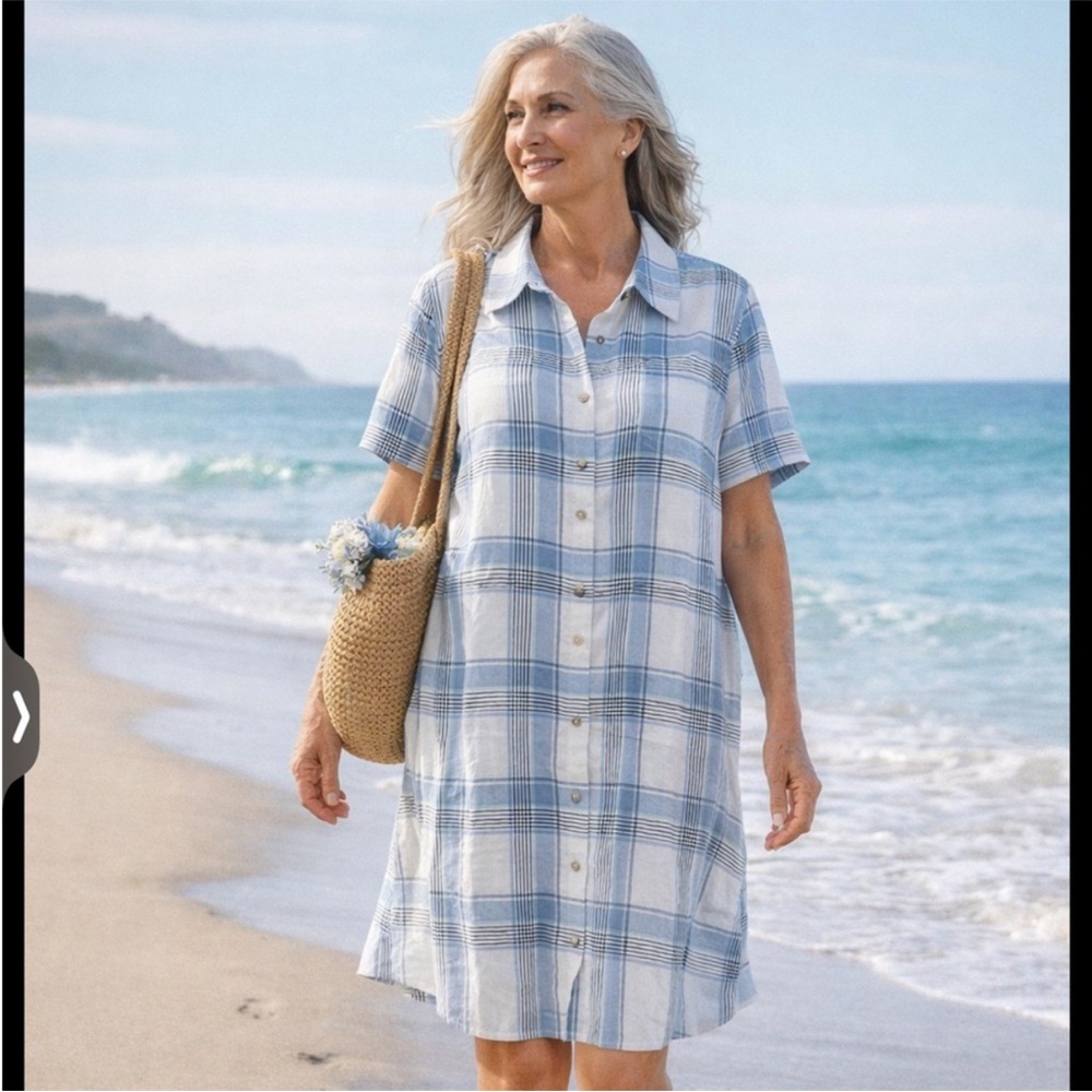 J. Jill Love Linen Blue‎ & White Plaid Short Sleeve Button Down Shirt Dress